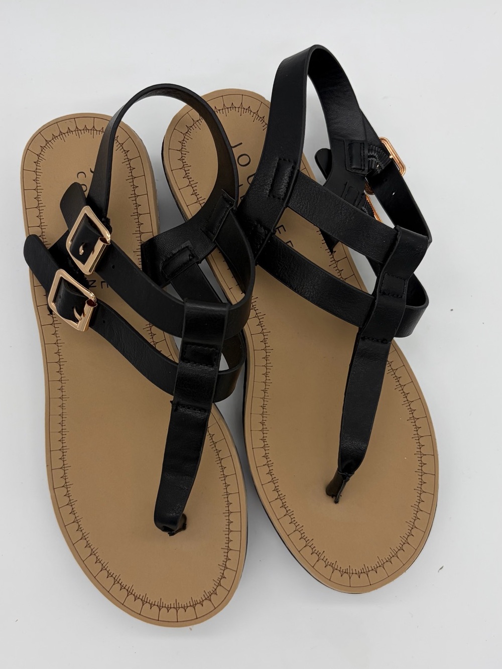 Women's Black T-Strap Sandals with Gold Buckles
